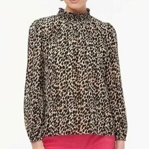 J Crew Mock Neck Bell Sleeve Blouse - Sz XS, Brown/Black Leopard Print